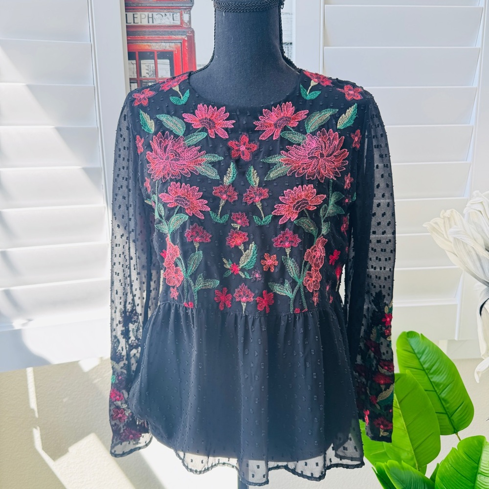 American Eagle Outfitters Black Sheer Peplum Top with Pink Floral Embroidery